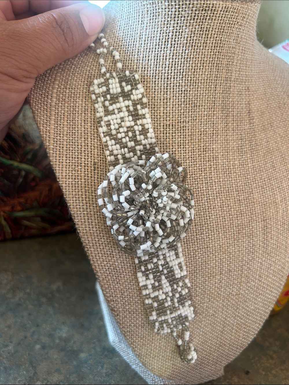 Handmade Beaded Flower Bracelet - White & Taupe